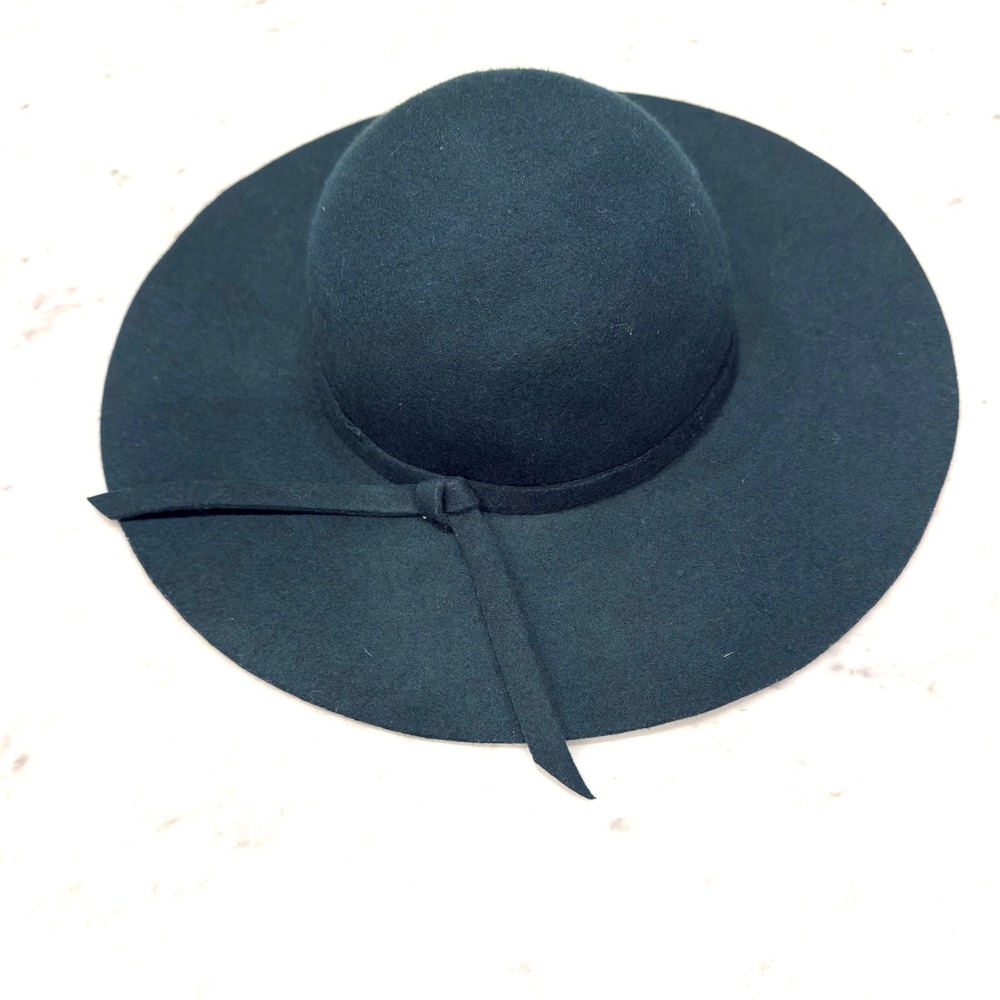 Womens Dark Green Wool Wide Brim‎ Fedora Hat with Bow Accent Item 3070